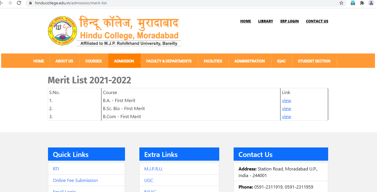Candidates can download Hindu college Moradabad merit list 2023-24 for ba, b.sc, b.com, ma, m.com using this website. MJPRU Merit List 2023 also here.